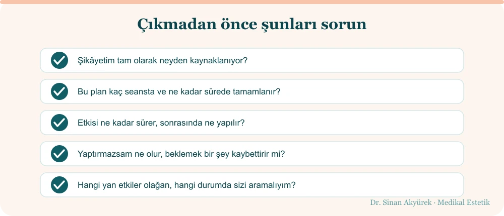 Konsültasyondan çıkmadan sorulması gereken beş soru: şikâyetin kaynağı, seans ve süre, etkinin kalıcılığı, beklemenin sonucu, yan etkiler ve iletişim