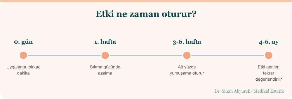 Masseter botoksunun zaman çizelgesi: uygulama günü, ilk hafta, üç-altı hafta arası oturma ve dört-altı ay etki süresi