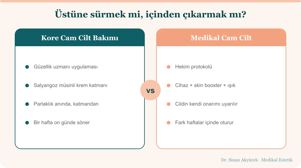 Kore cam cilt bakımı ile medikal cam cilt protokolünün karşılaştırması: bakım cildin üstüne parlak katman koyar ve günler içinde söner, protokol cildin kendi onarımını uyarır ve fark haftalar içinde oturur