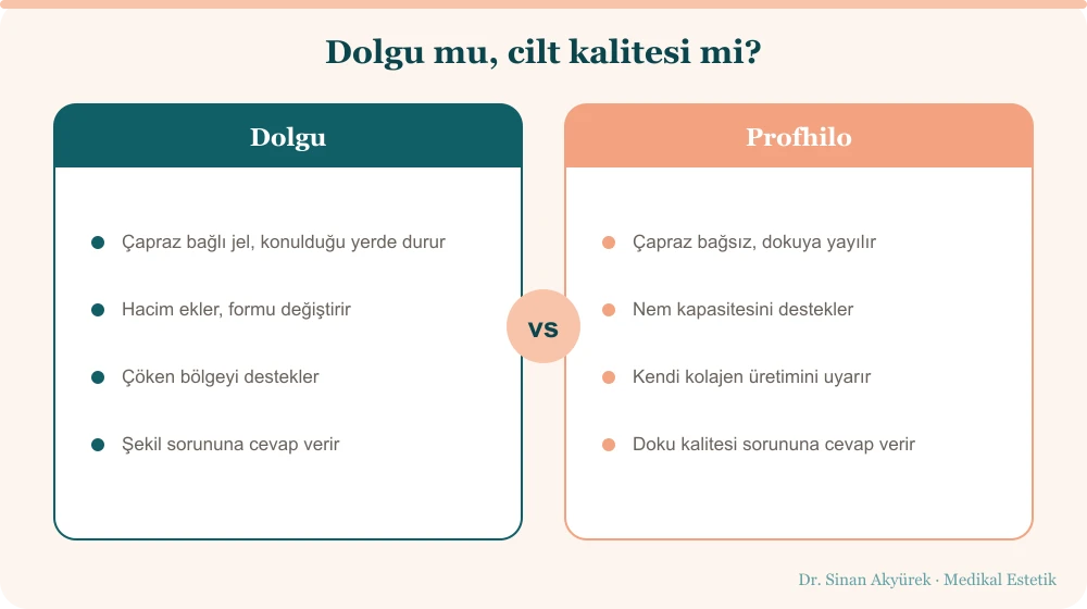 Dolgu ile Profhilo karşılaştırması: dolgu hacim ve form eklerken Profhilo cildin nem kapasitesini ve kendi kolajen üretimini destekler