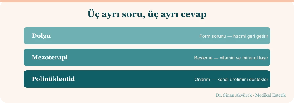 Üç yaklaşımın karşılaştırması: dolgu hacim ve form ekler, mezoterapi vitamin-mineral desteği taşır, polinükleotid dokunun kendi onarımını destekler